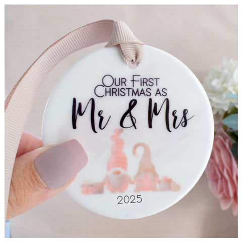 Our First Christmas as Mr & Mrs 2025. Pink Gonk Hanging Decoration