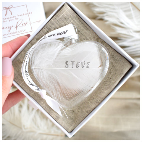 White Feather Bauble & Black or White Display Stand. Gift Boxed. Personalised Wording