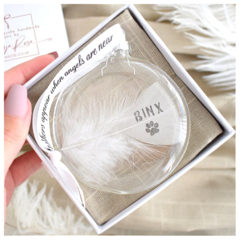 Feather In Memory Bauble Personalised. Gift Boxed