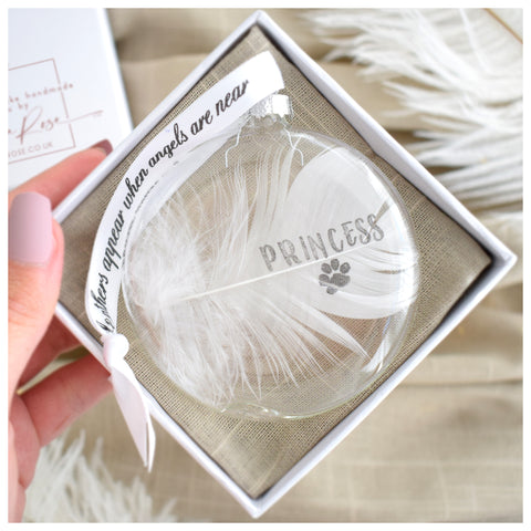 Personalised Name / Date Feather Round Bauble. Gift Boxed