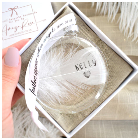 Personalised White Feather Glass Round Bauble Gift Boxed