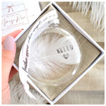Feather In Memory Bauble Personalised. Gift Boxed