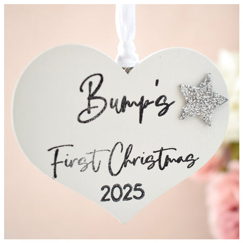 Bump's First Christmas 2025 White Wood Heart Decoration