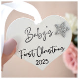 Baby's First Christmas 2025 White Wood Heart Decoration