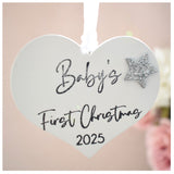 Baby's First Christmas 2025 White Wood Heart Decoration