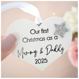 First Christmas as a Mummy & Daddy 2025 White Wood Heart Decoration