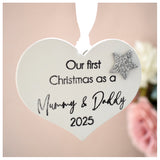 First Christmas as a Mummy & Daddy 2025 White Wood Heart Decoration
