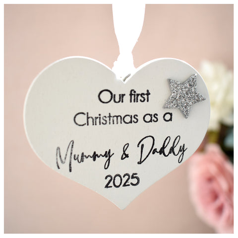 First Christmas as a Mummy & Daddy 2025 White Wood Heart Decoration