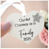 Our First Christmas as a Family 2025 White Wood Heart Decoration