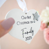 Our First Christmas as a Family 2025 White Wood Heart Decoration