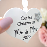 Our First Christmas As Mr & Mrs 2025 White Wood Heart Decoration