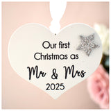 Our First Christmas As Mr & Mrs 2025 White Wood Heart Decoration