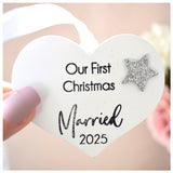 Our First Christmas Married 2025 White Wood Heart Decoration