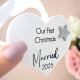 Our First Christmas Married 2025 White Wood Heart Decoration