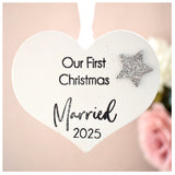 Our First Christmas Married 2025 White Wood Heart Decoration