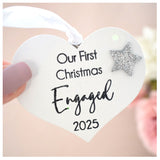 Our First Christmas Engaged 2025 White Wood Heart Decoration