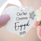Our First Christmas Engaged 2025 White Wood Heart Decoration