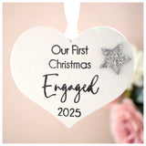 Our First Christmas Engaged 2025 White Wood Heart Decoration