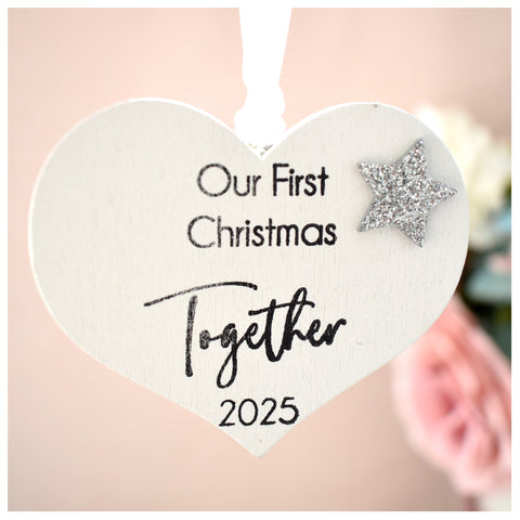 Our First Christmas Together 2025 White Wood Heart Decoration