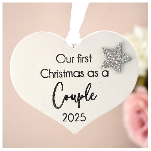 Our First Christmas As A Couple 2025 White Wood Heart Decoration