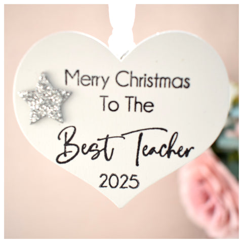 Merry Christmas to the Best Teacher 2025 White Wood Heart Decoration