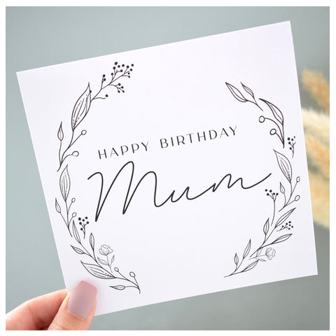 Happy Birthday Mum Greeting Card. Black Floral Elegant Wreath