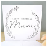 Happy Birthday Mum Greeting Card. Black Floral Elegant Wreath