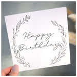 Happy Birthday Greeting Card. Black Floral Elegant Wreath