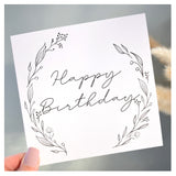 Happy Birthday Greeting Card. Black Floral Elegant Wreath