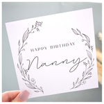 Happy Birthday Nanny Greeting Card. Black Floral Elegant Wreath