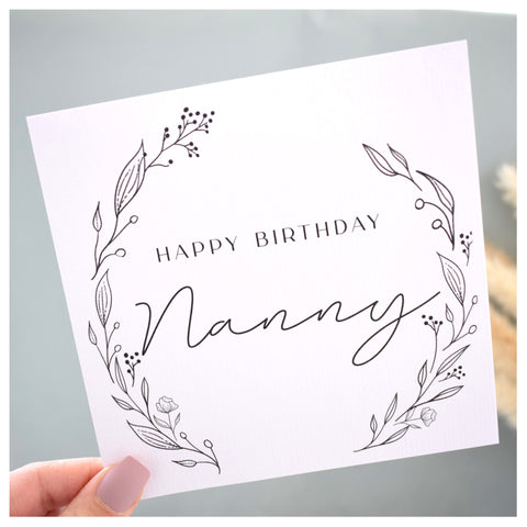 Happy Birthday Nanny Greeting Card. Black Floral Elegant Wreath