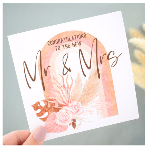 Congratulations To The New Mr & Mrs Greeting Card. Rainbow & Pampas Floral