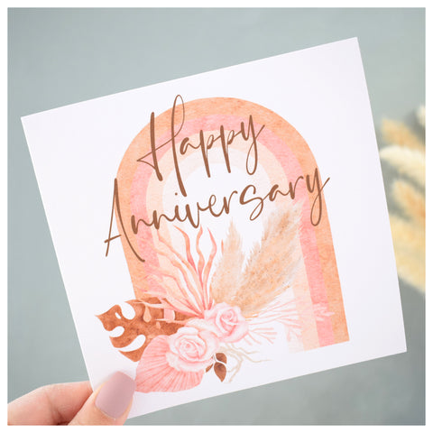 Happy Anniversary Greeting Card. Rainbow & Pampas Floral