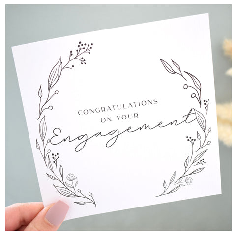 Congratulations On Your Engagement Greeting Card. Black Floral Elegant Wreath