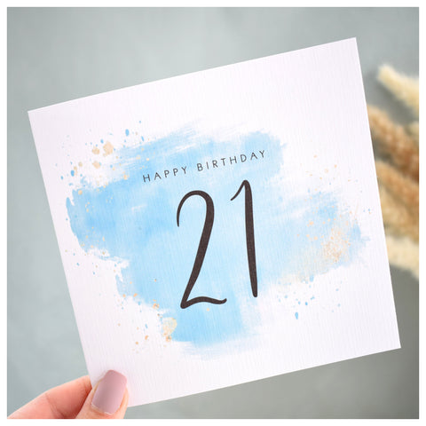 Happy 21st Birthday Card. Twenty One. Turquoise Blue Watercolour Design