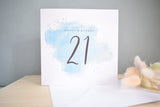 Happy 21st Birthday Card. Twenty One. Turquoise Blue Watercolour Design