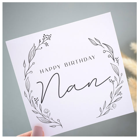 Happy Birthday Nan Greeting Card. Black Floral Elegant Wreath