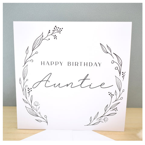 Happy Birthday Auntie Greeting Card. Black Floral Elegant Wreath