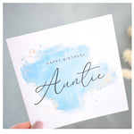 Happy Birthday Auntie Card. Turquoise Blue Watercolour Design