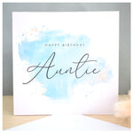 Happy Birthday Auntie Card. Turquoise Blue Watercolour Design