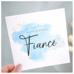 Happy Birthday Fiance Card. Husband to be Card. Turquoise Blue Watercolour Design