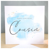 Happy Birthday Cousin Card. Turquoise Blue Watercolour Design