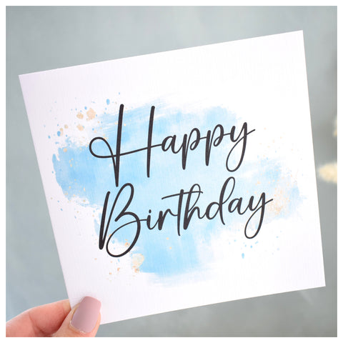 Happy Birthday Card. General Card. Him, Her, Friend, Colleague. Turquoise Blue Watercolour Design