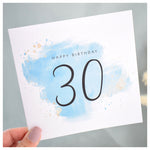 Happy 30th Birthday Card. Thirtieth.  Turquoise Blue Watercolour Design