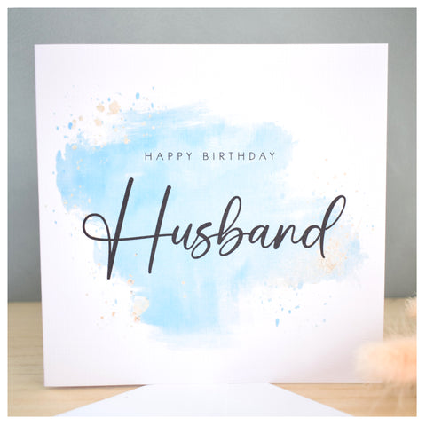 Happy Birthday Husband Card. Partner, Hubby. Turquoise Blue Watercolour Design