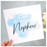 Happy Birthday Nephew Card. Turquoise Watercolour Design