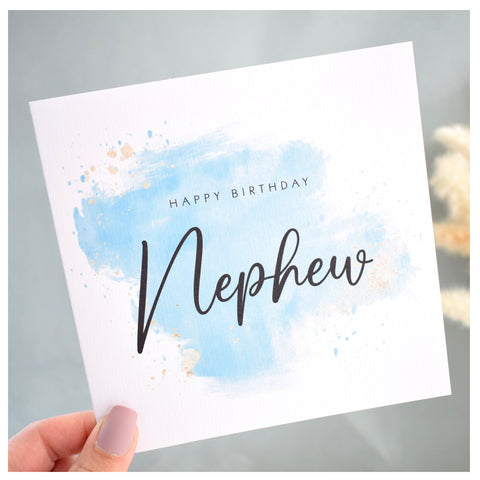 Happy Birthday Nephew Card. Turquoise Watercolour Design