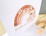 Welcome To The World Baby  Congratulations Greeting Card. Rainbow & Teddy Bear