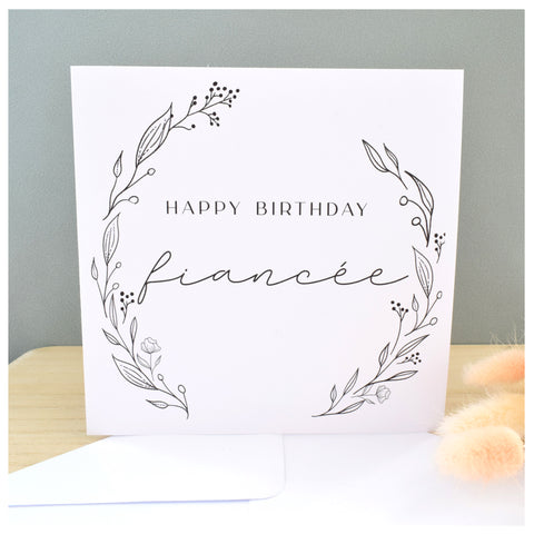 Happy Birthday Fiancee Greeting Card. Card For Her. Black Floral Elegant Wreath