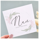 Happy Birthday Nan Greeting Card. Pastel Floral Elegant Wreath